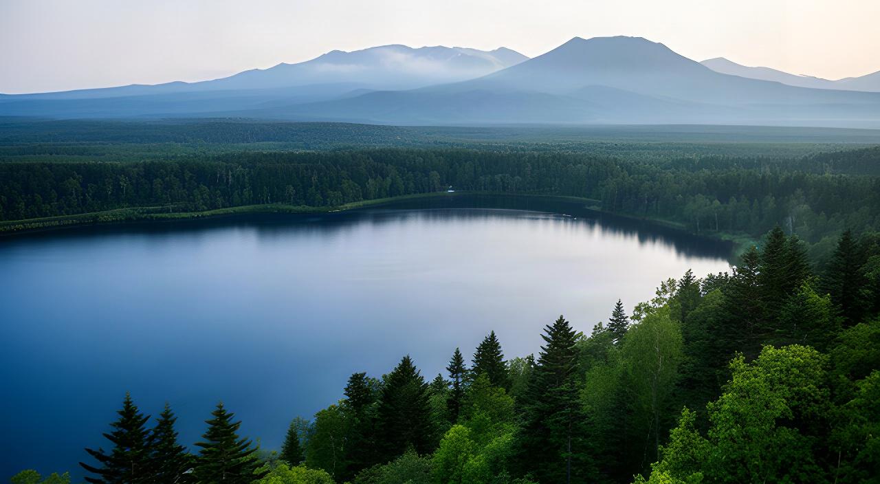支笏湖周辺の森と湖を望む北海道の風景