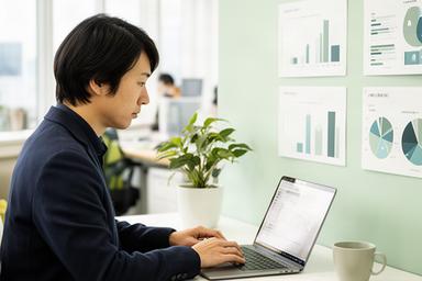 千歳市の明るいオフィスでデータを確認するデータサイエンティスト