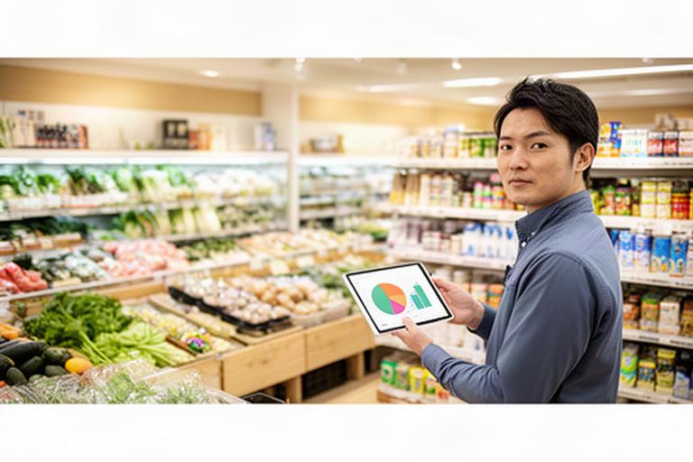 北海道の地域スーパーの売り場と商品データを確認する店長